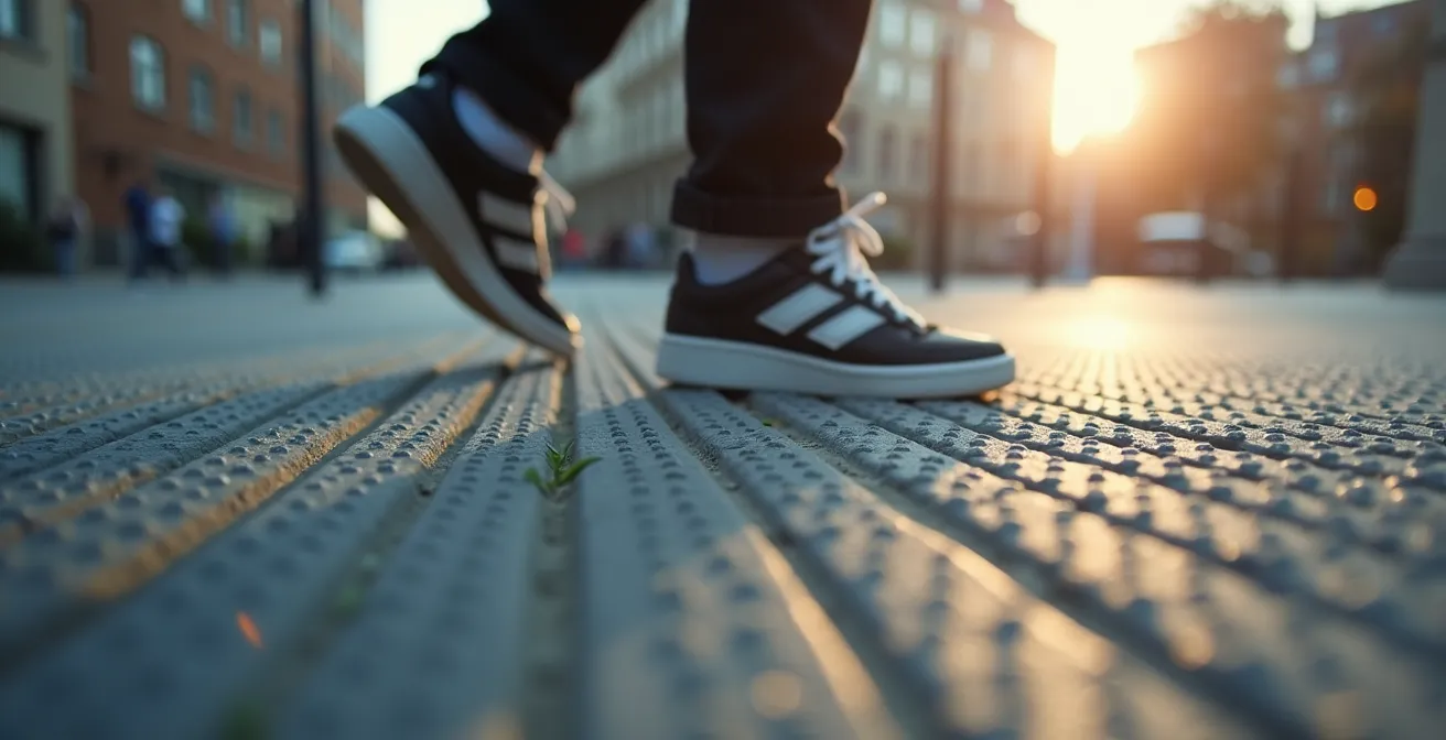 Gros plan sur une bande podotactile avec des pieds la parcourant