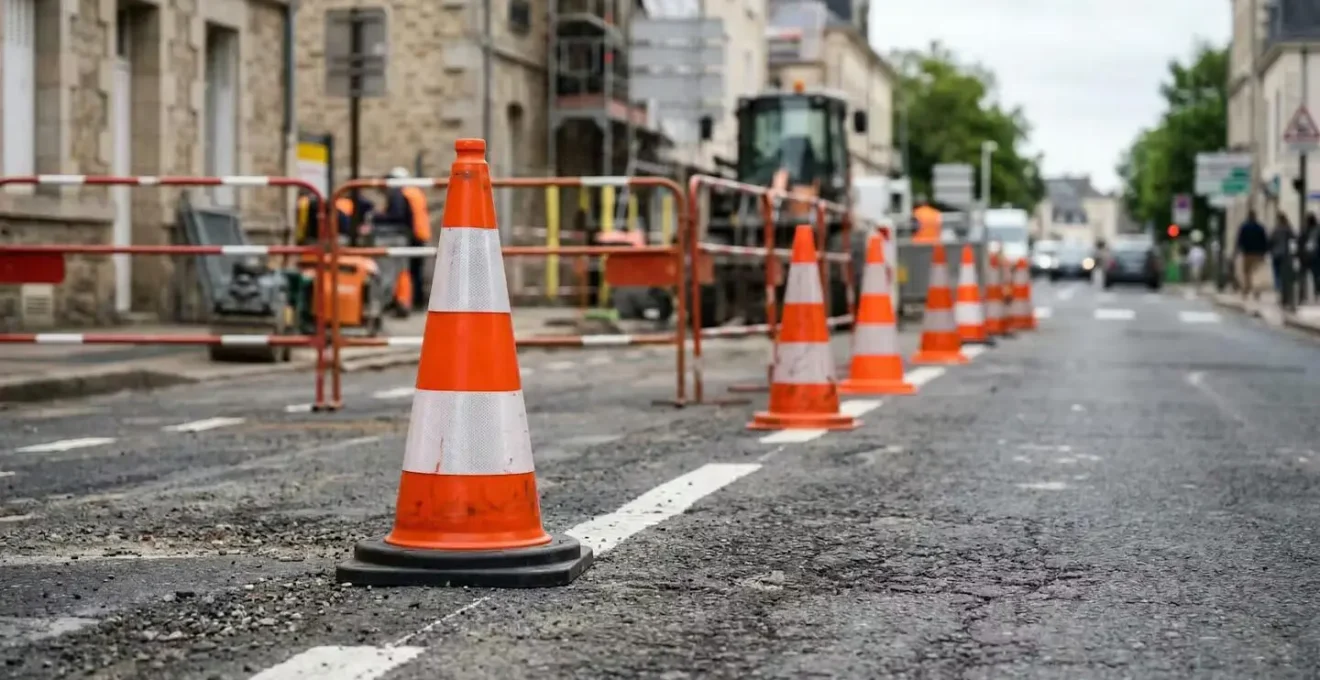 Balise K16 orange et blanche positionnée sur un chantier de signalisation temporaire