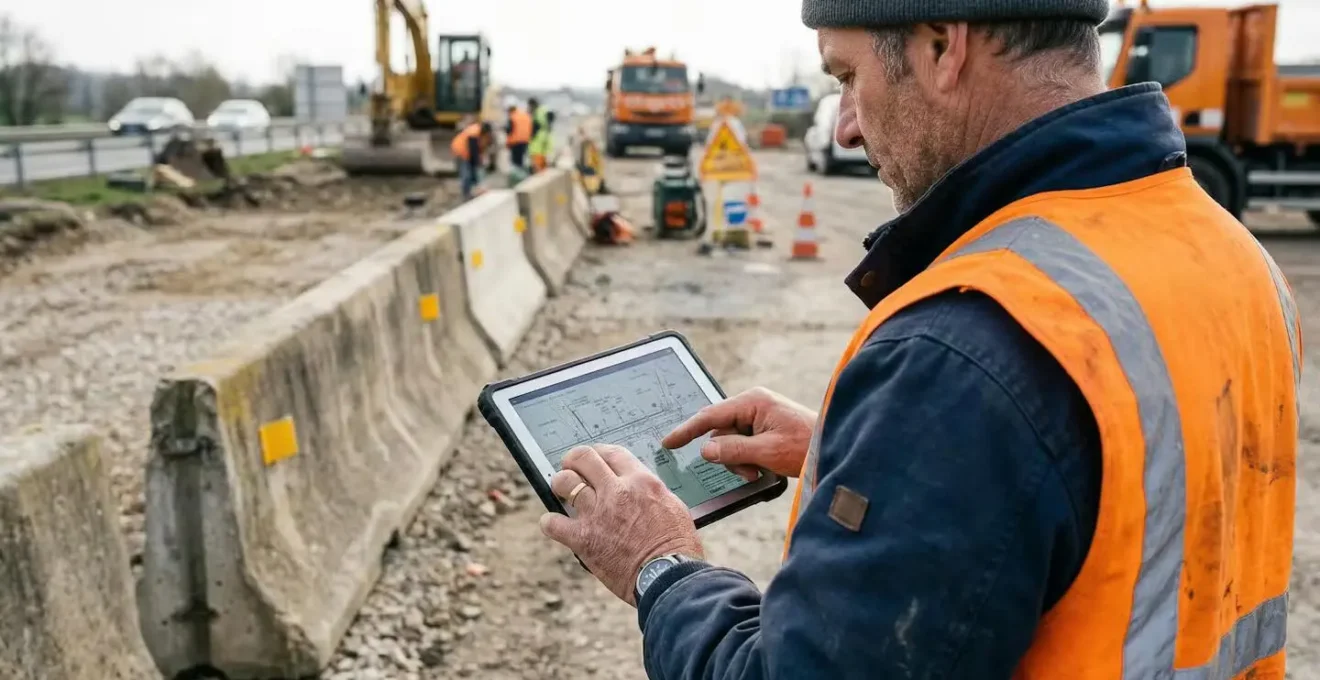Responsable de chantier consultant un plan d'implantation sur tablette devant des séparateurs de voies