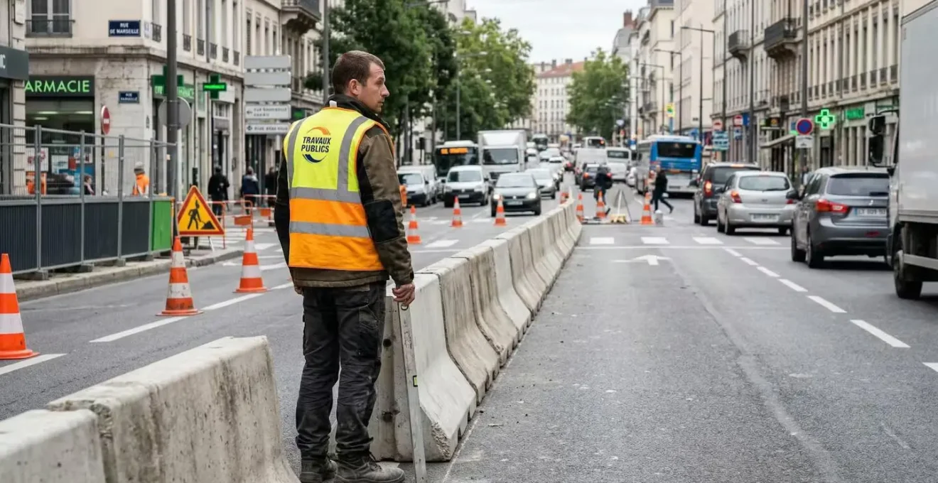 Technicien en gilet haute visibilité inspectant des séparateurs de voies GBA sur une route urbaine
