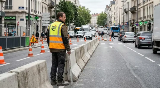 Technicien en gilet haute visibilité inspectant des séparateurs de voies GBA sur une route urbaine